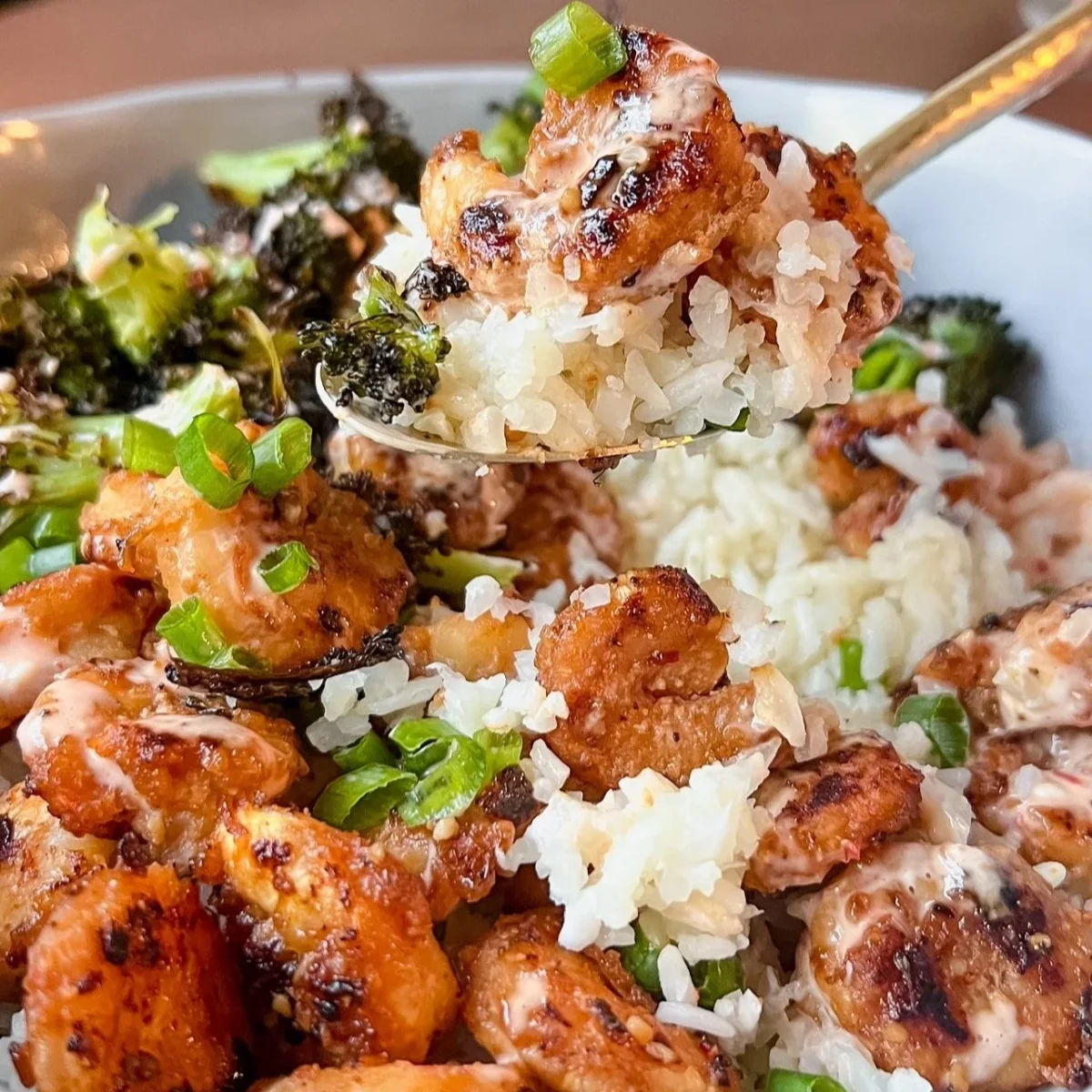 Honey Garlic Shrimp Bowls with Sriracha Mayo
