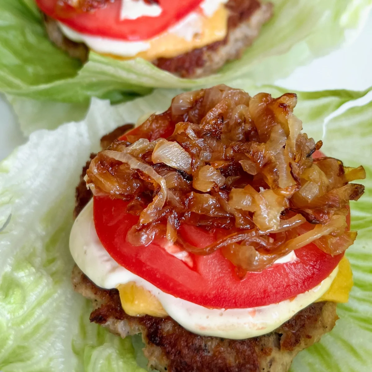 Caramelized Onion Lettuce Wrapped Turkey Burgers with Garlic Aioli