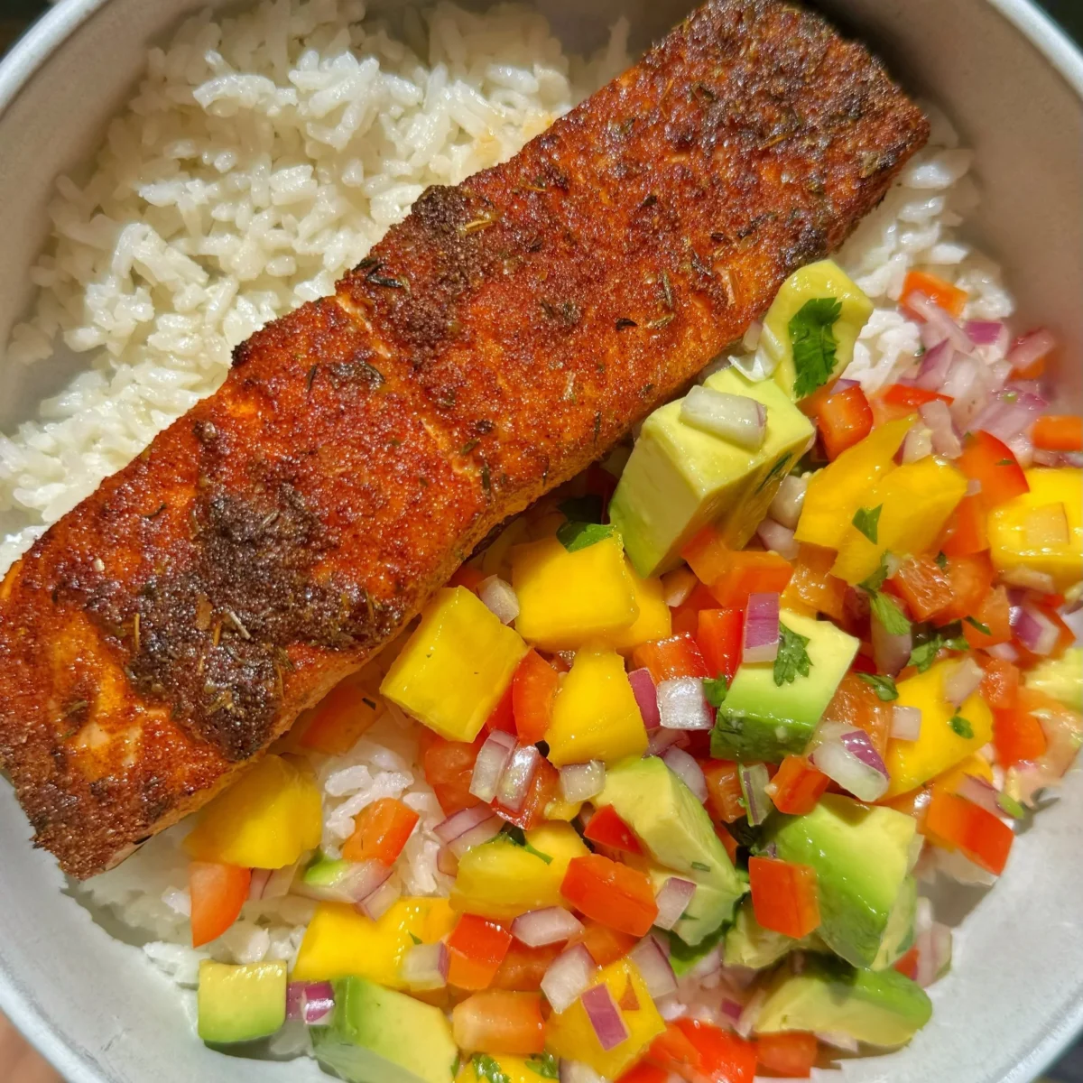 Crispy Salmon with Mango Salsa and Coconut Rice