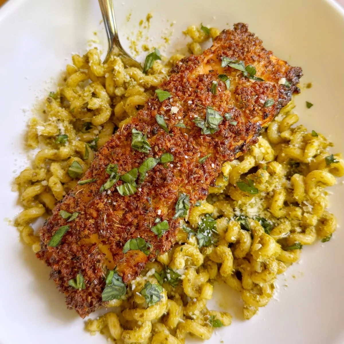 Parmesan Crusted Salmon with Pesto Pasta