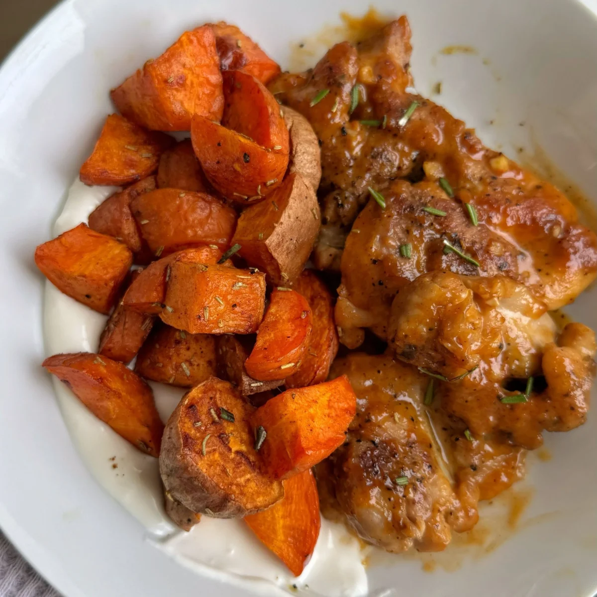 Maple Mustard Chicken with Cinnamon Roasted Veggies&nbsp;and Whipped Goat Cheese