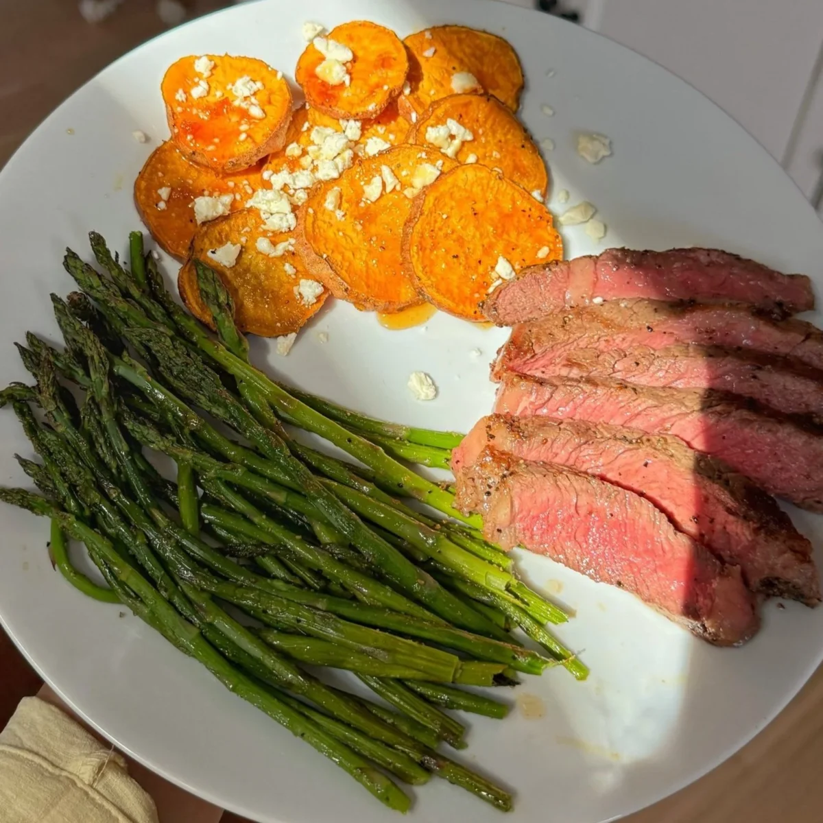 Classic Steak with Feta Hot Honey Sweet Potatoes and Asparagus