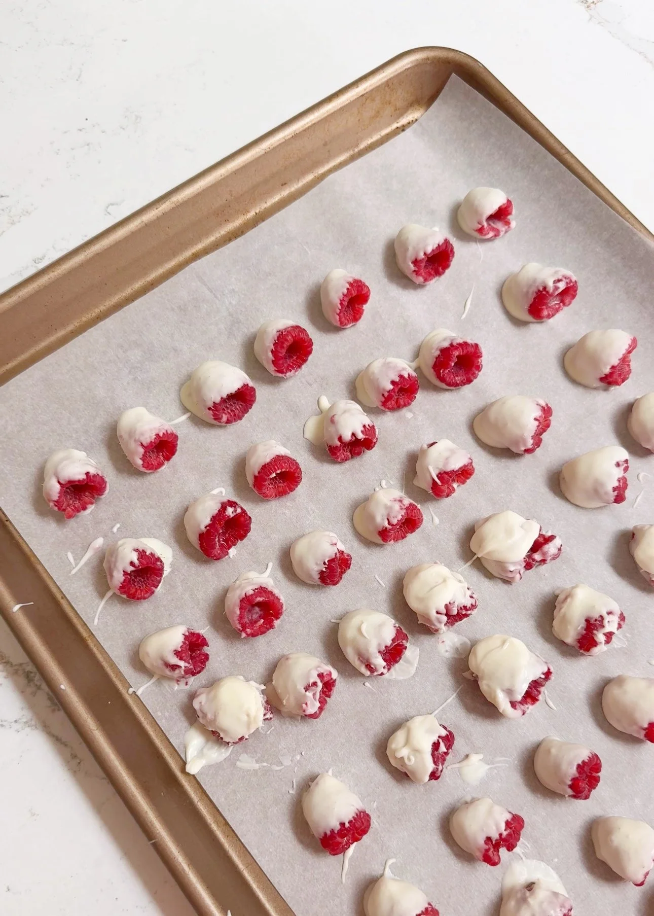 A pan of white chocolate covered Tru Fru's.