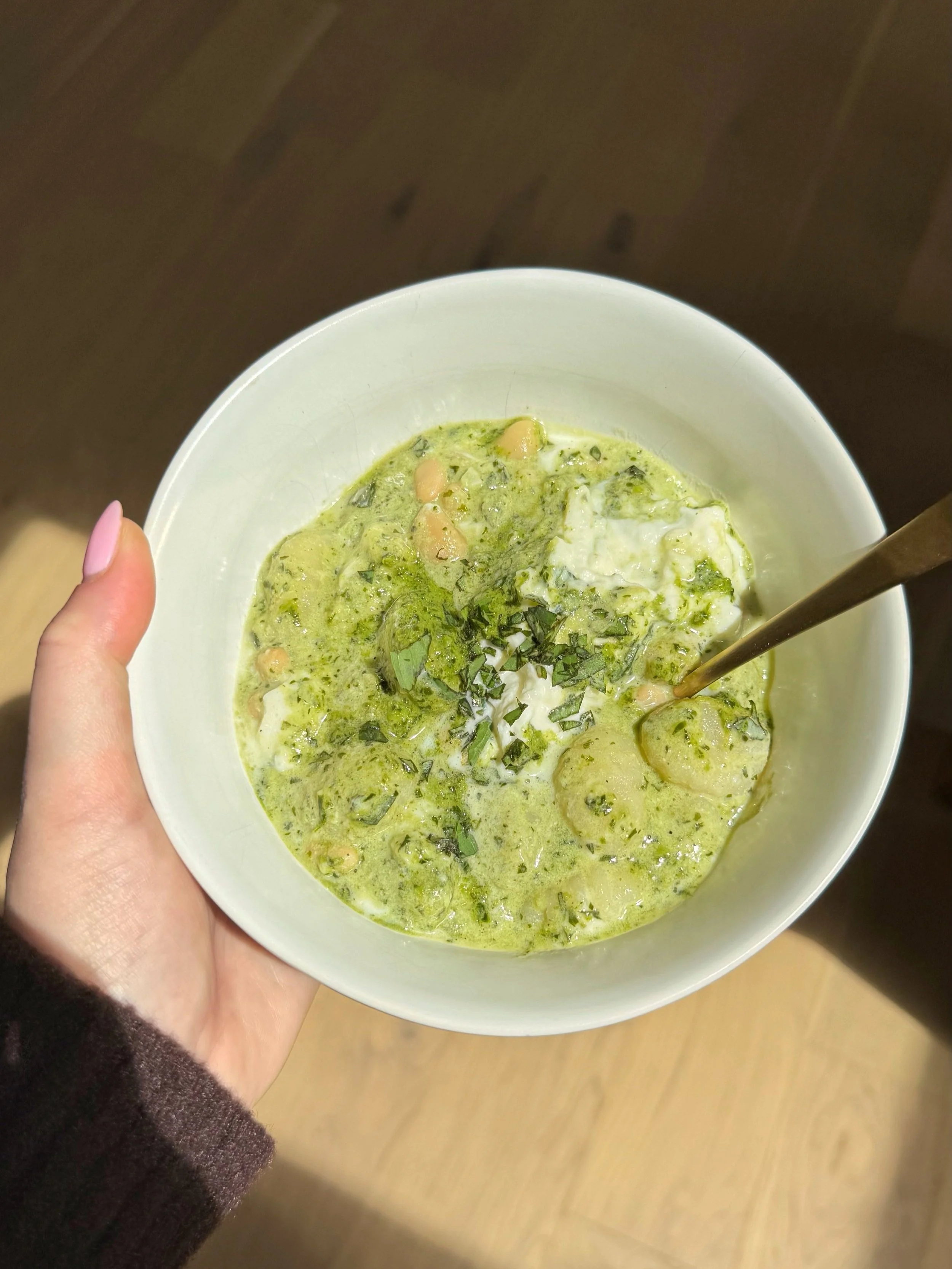 A bowl with white bean and pesto Gnocchi topped with fresh burrata and basil. 