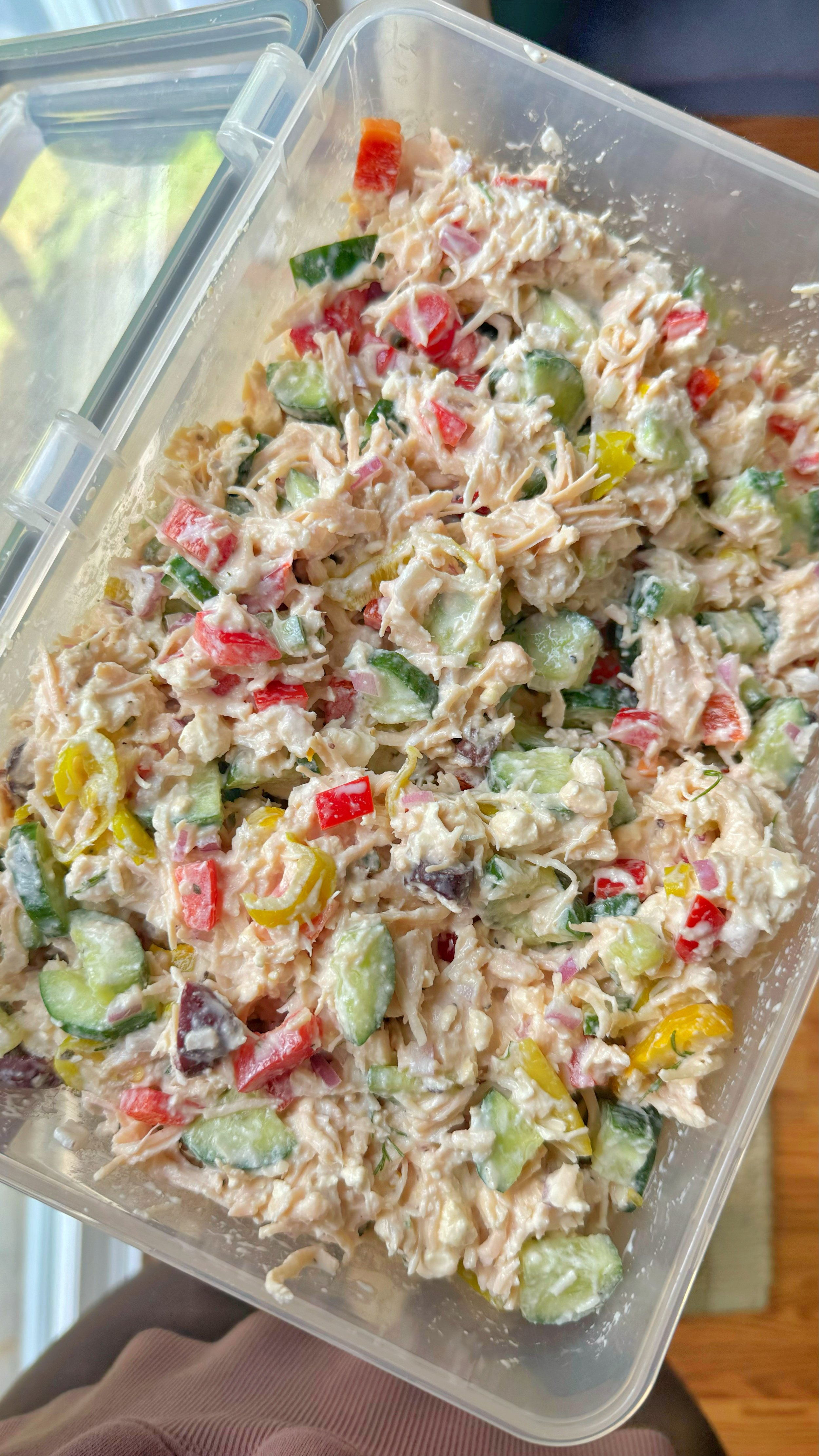 A chicken salad with cucumbers, tomato & red onion in a container.