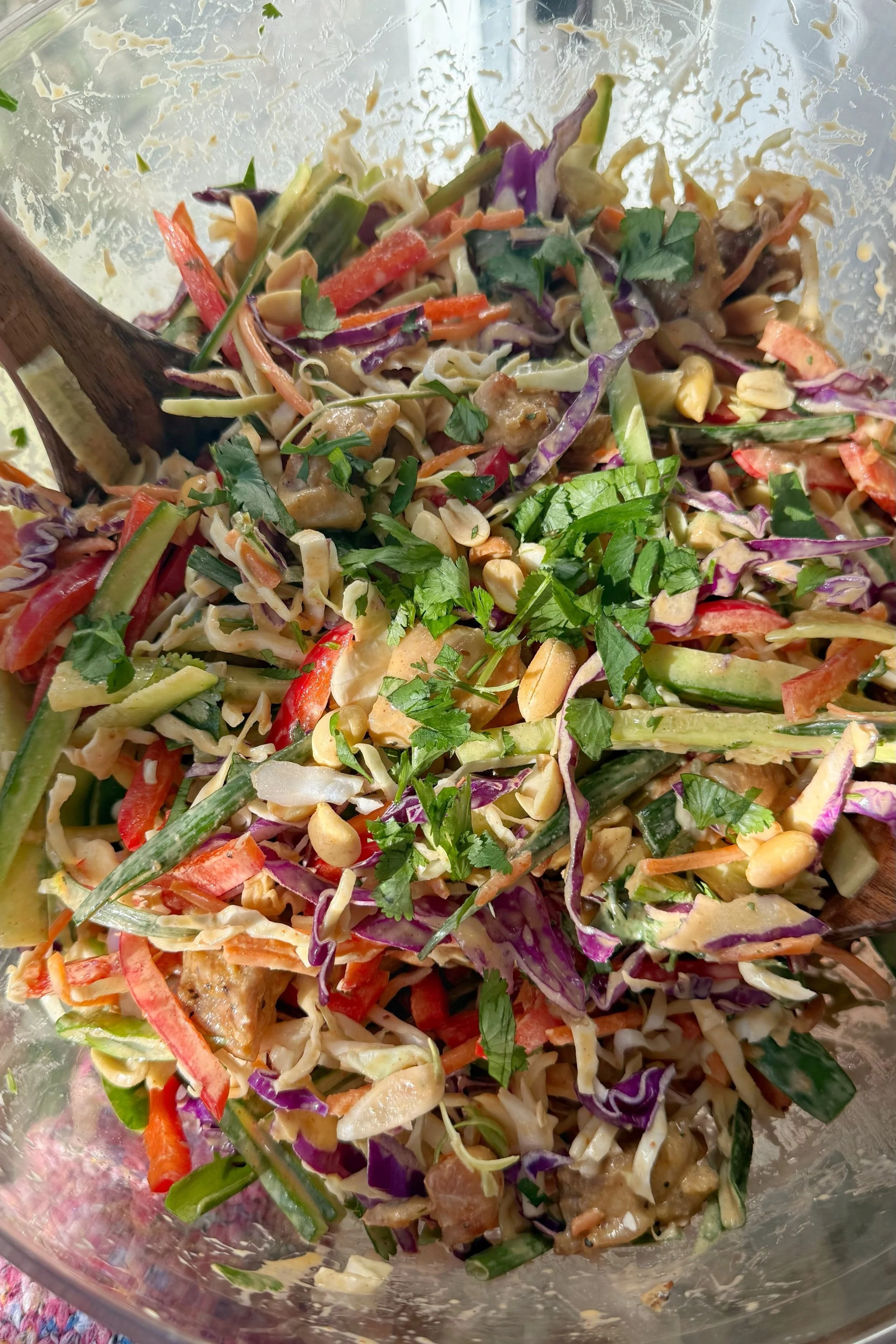 A close up shot of cabbage slaw chicken salad with avocado, tomato, crushed peanuts, bell peppers, cucumbers and fresh cilantro. 