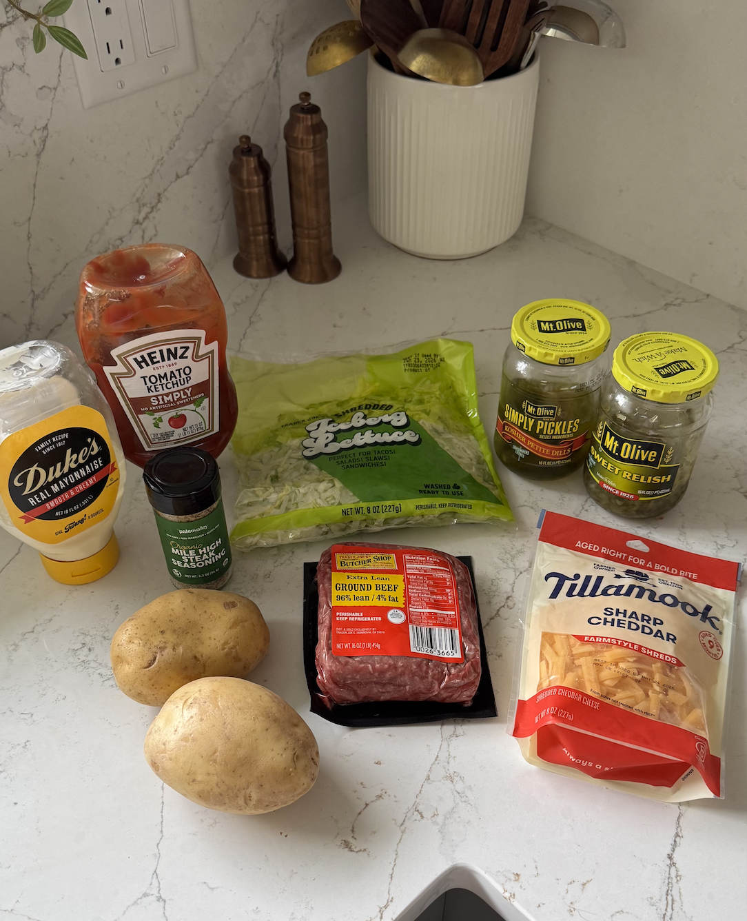 All the ingredients needed for a Loaded Cheeseburger Potato Bowl