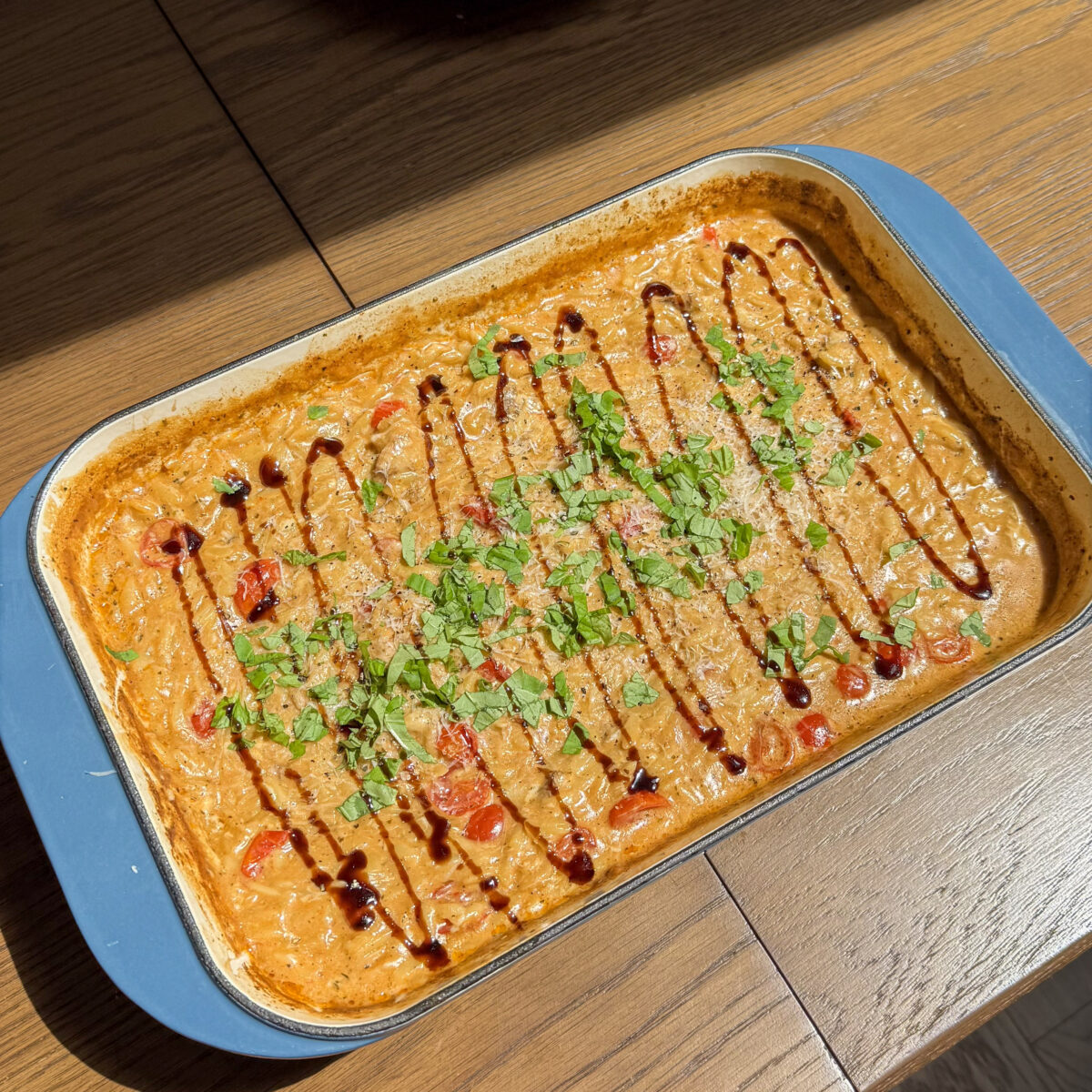 Creamy Caprese Chicken Orzo Bake
