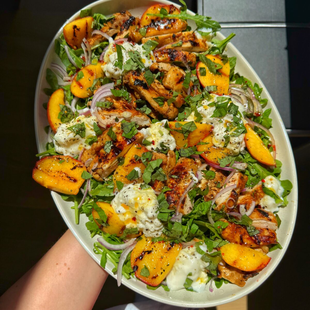 Hot Honey Chicken and Peach Burrata Salad