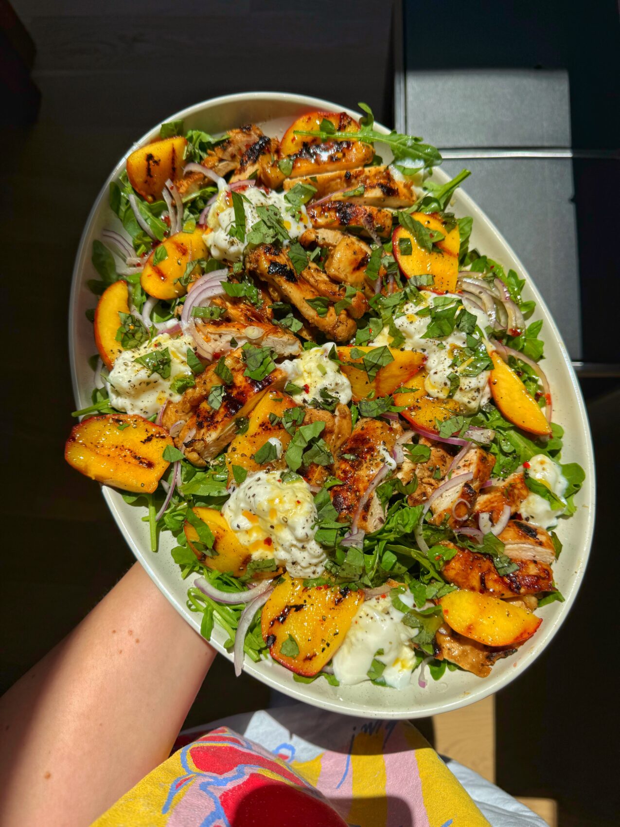 Hot Honey Chicken and Peach Burrata Salad