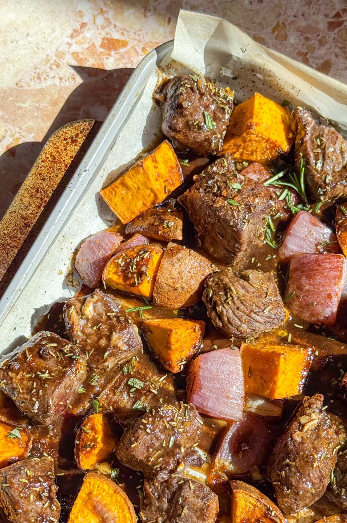 Sheet Pan Rosemary Balsamic Steak Bites and Sweet Potatoes
