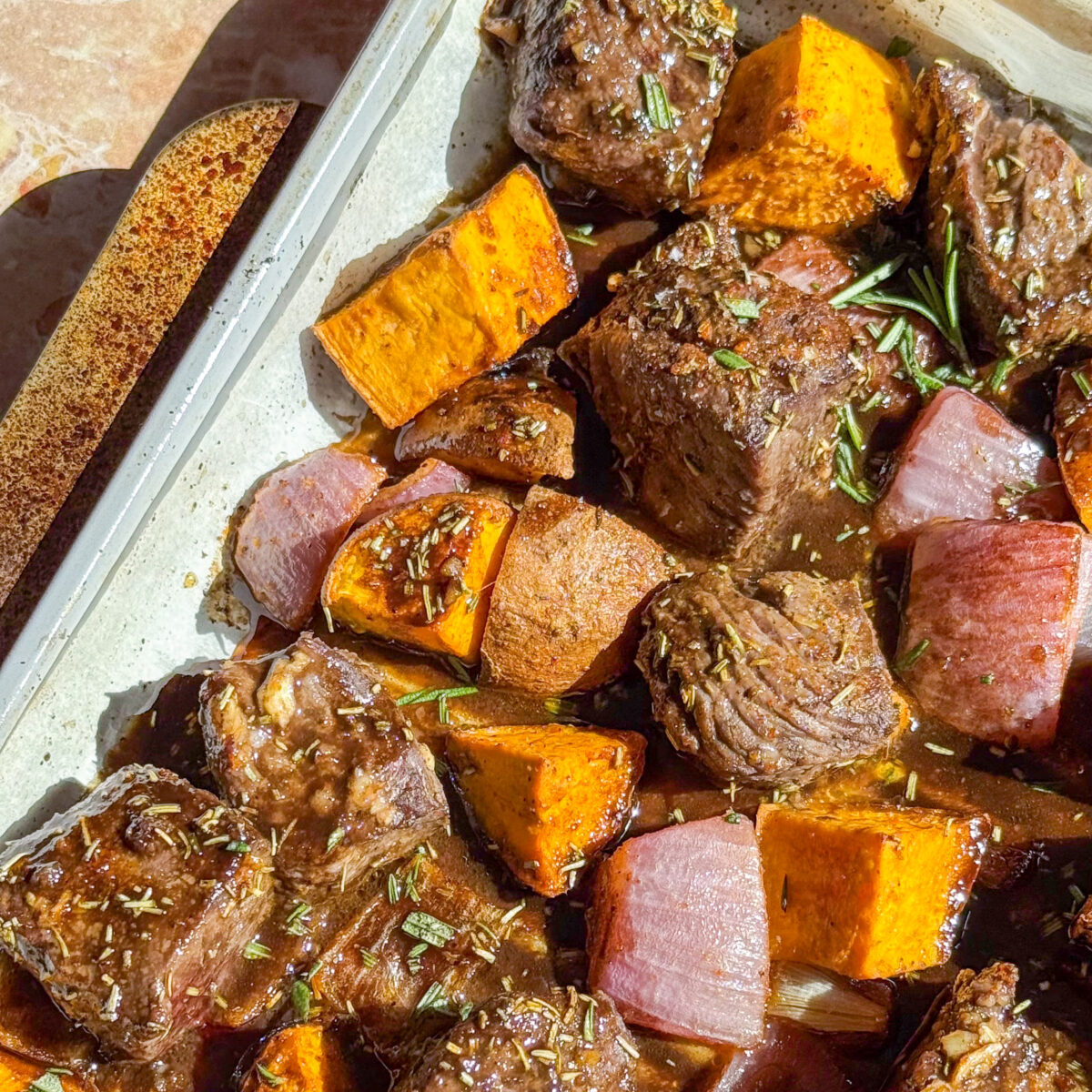 Sheet Pan Rosemary Balsamic Steak Bites and Sweet Potatoes